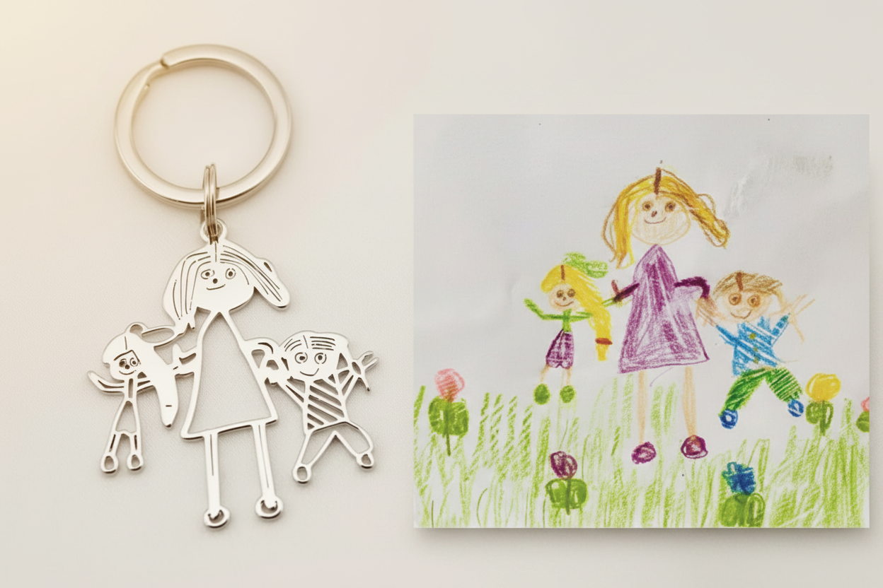 A child’s drawing alongside the keyring made from it